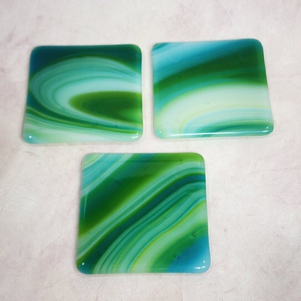 3pc‎ Art Glass Fused 4" Square Green Swirl Coasters  Artisan